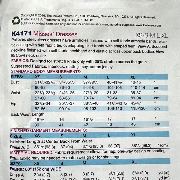 Kwik Sew Pattern Pullover Dress Shaped Hem Sleeveless XS - XL Uncut K4171 - Picture 4 of 4